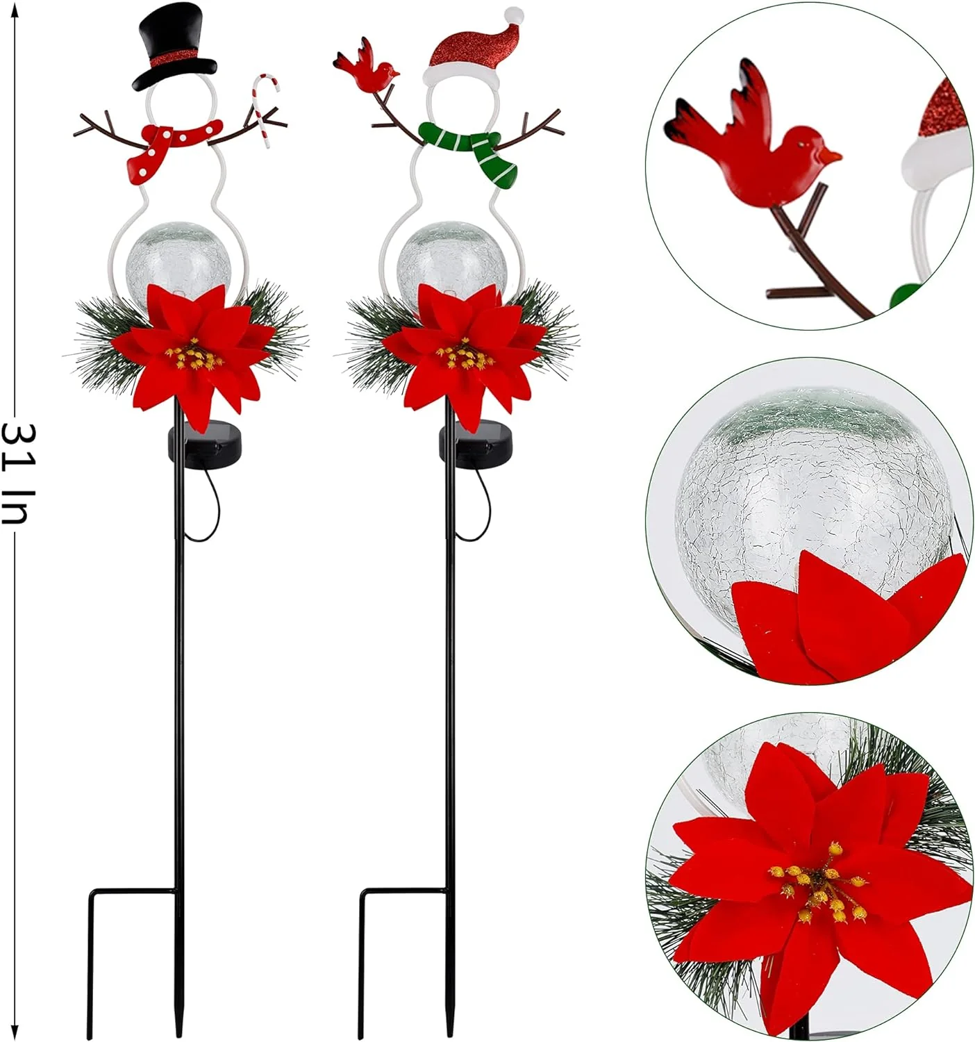 GUOOU Solar Christmas Yard Decorations, Outdoor LED Solar Powered Glass Ball Lights, Xmas Snowman Pathway Lights, Metal Solar Garden