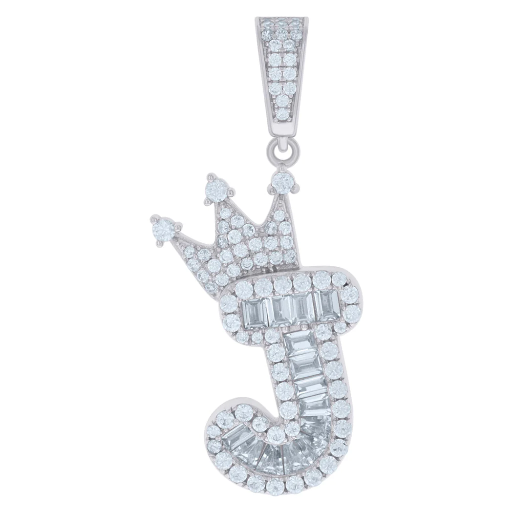 Jewelryweb 925 Sterling Silver Unisex Cubic-zirconia Crown Initial Alphabet J Charm Pendant - Measures 41.4x19.