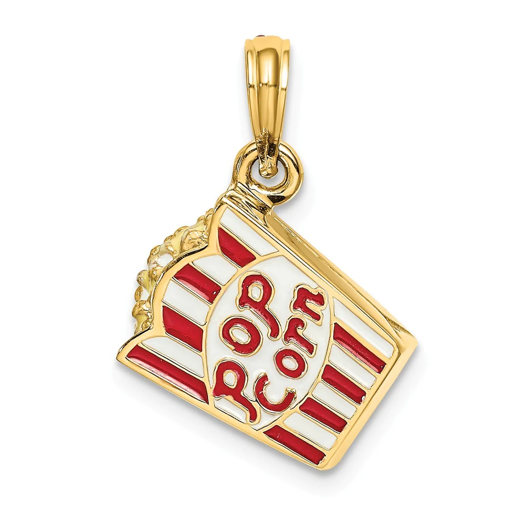 Jewelryweb 14k Gold 3-d Bag Of Popcorn Red and White Striped Enamel Bag Charm