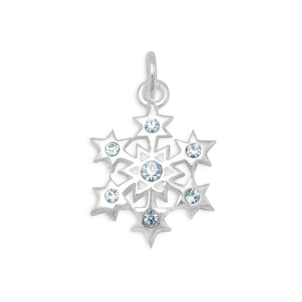 Jewelryweb Ste. Silver Small Aqua Crystal Snowflake Charm 11mm Snowflake - Six 1.4mm One 2mm Aqua Blue Crystals