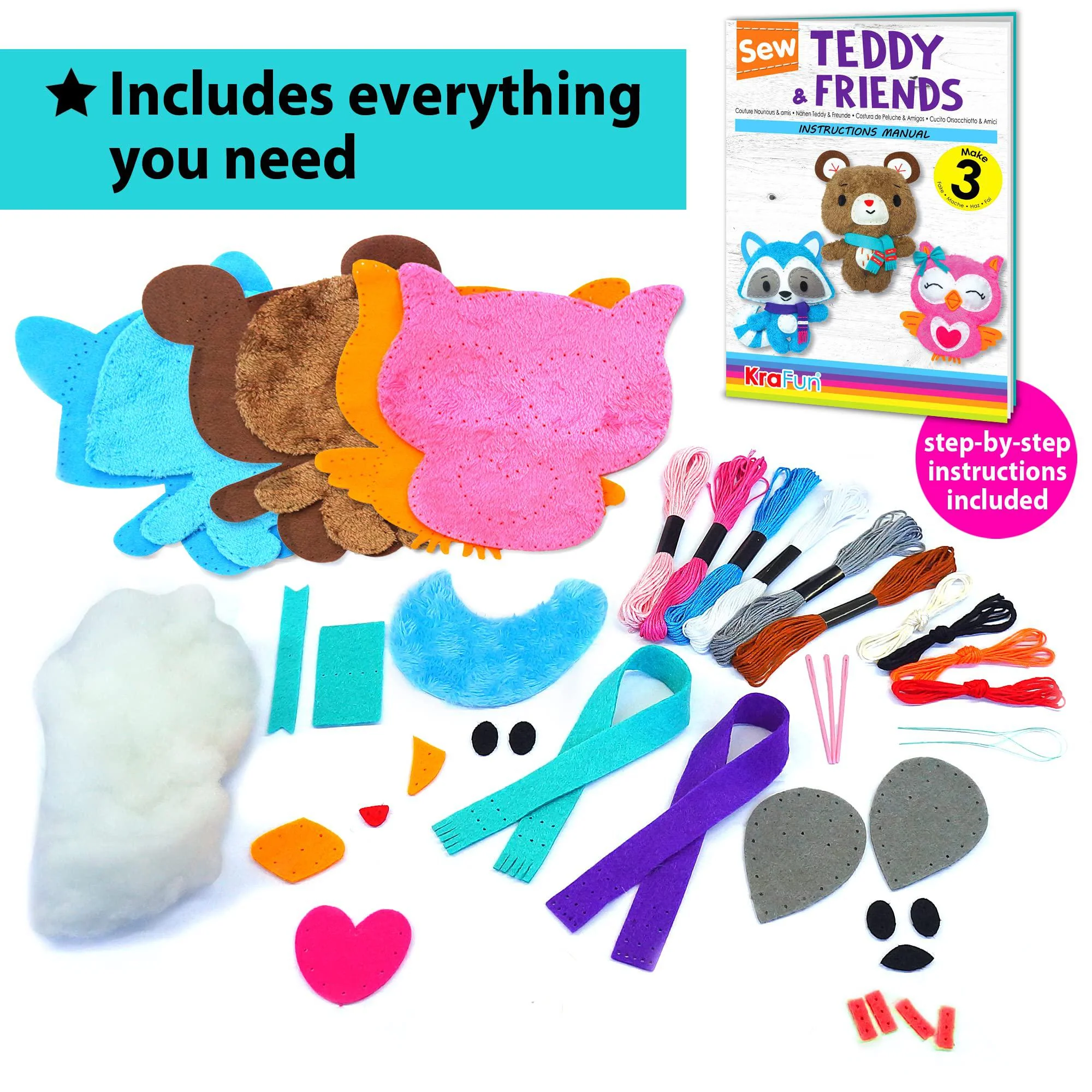 krafun sewing kit for kids age 7 8 9 10 11 12 beginner my first art &a; craft, includes 3 stuffed animal dolls teddy, raccoon a