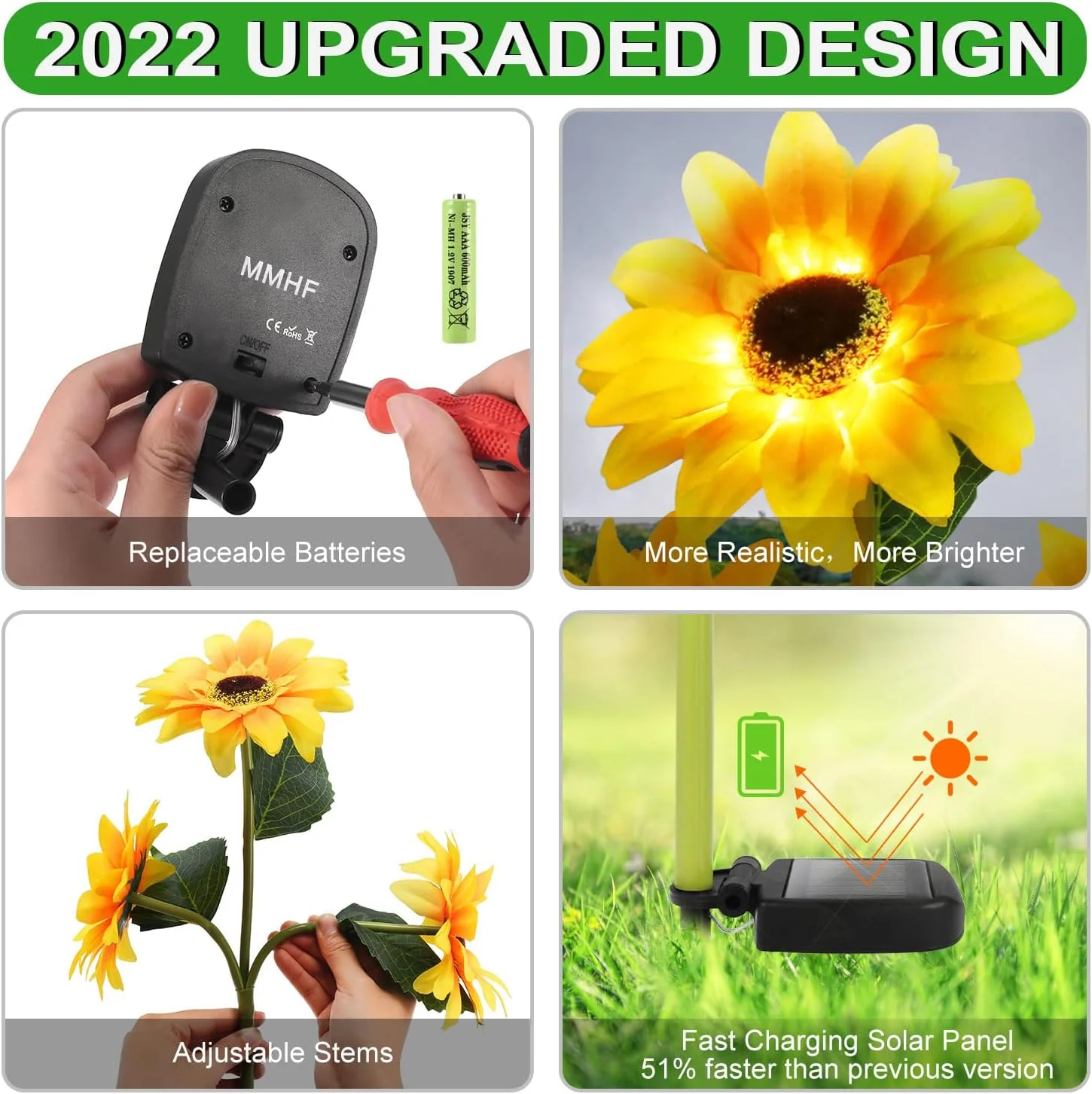 MMHF Outdoor Solar Garden Stake Lights,Upgraded LED Solar Powered Light with 3 Sunflower, Waterproof Solar Decorative Lights for Gar