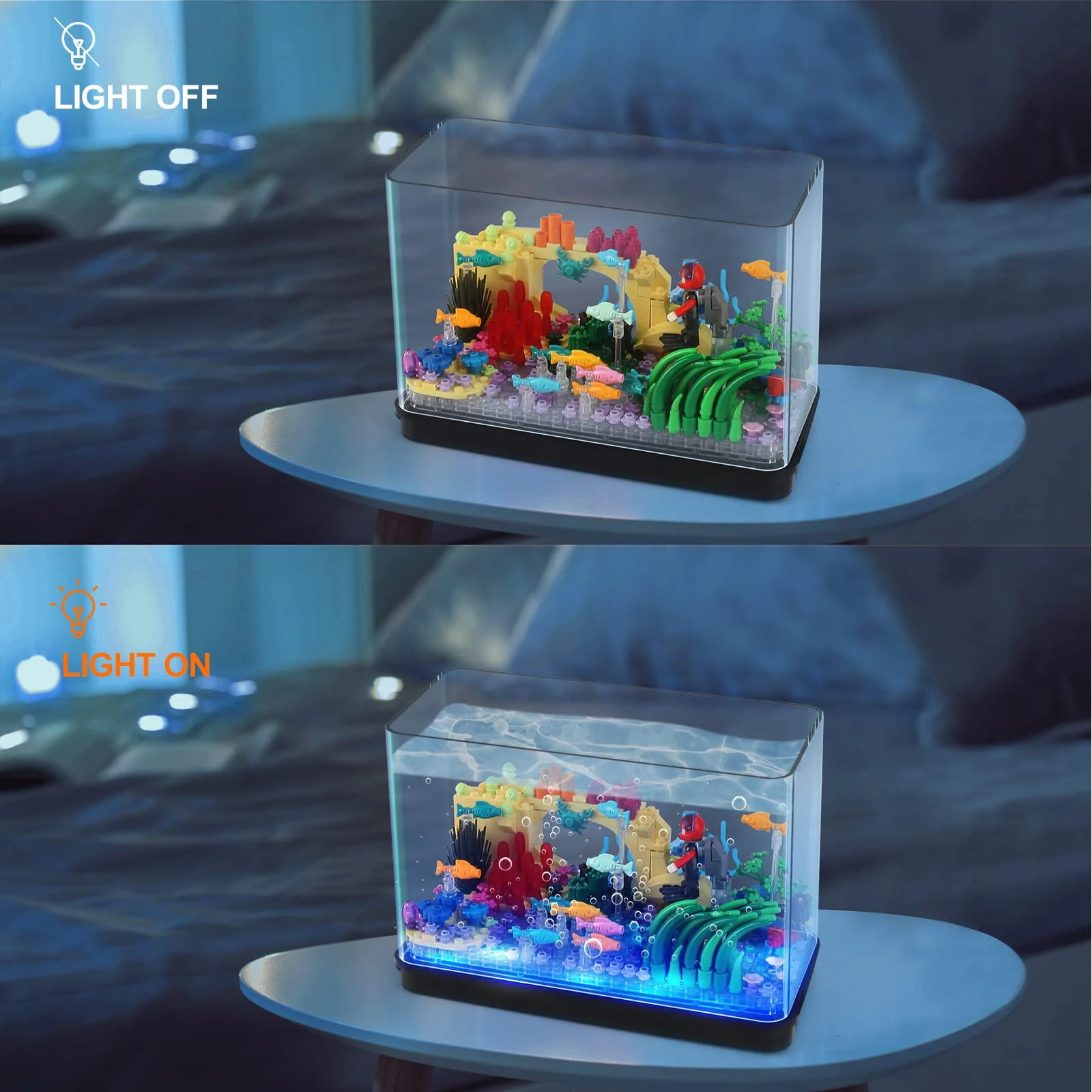 high godo fish tank aquarium building sets, creative model mini block with light kit, collectible ocean exploration diy toys