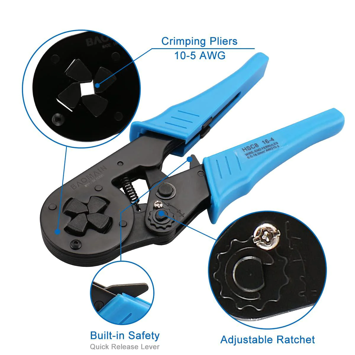 baomain crimper plier hsc8 16-4 mini self-adjustable crimping tools use for 6.0-16.0 mm (10-5 awg) square ferrule wire cable