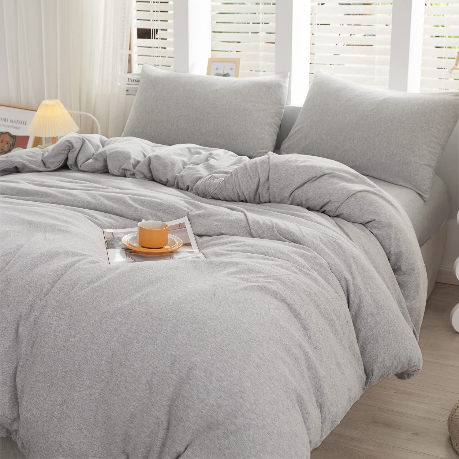 LIFETOWN 100% Jersey Knit Cotton Duvet Cover Set T-Shirt Feel Bedding Set Ultra Soft Wrinkle-Free (Grey, Queen)