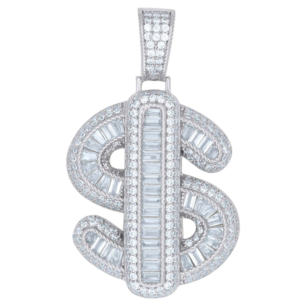 Jewelryweb 925 Sterling Silver Mens Baguette Cubic-zirconia Dollar Symbol Symbols Charm Pendant