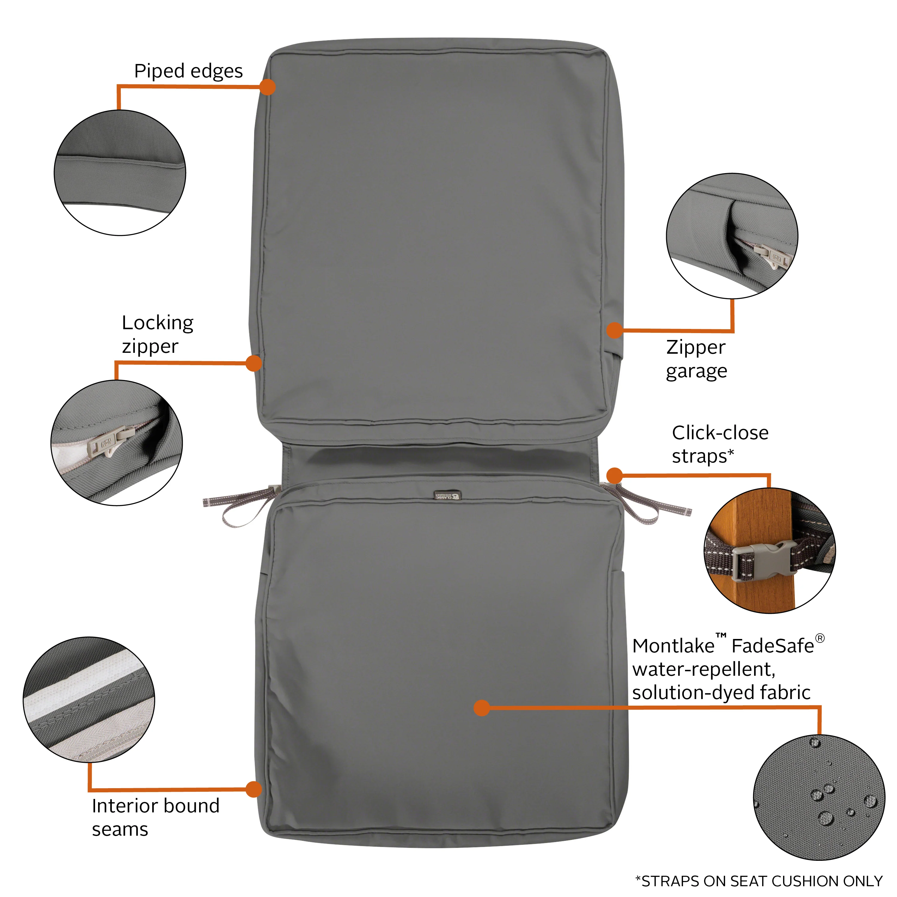 Classic Accessories Montlake FadeSafe Chair Cushion Cover, Light Charcoal, 44