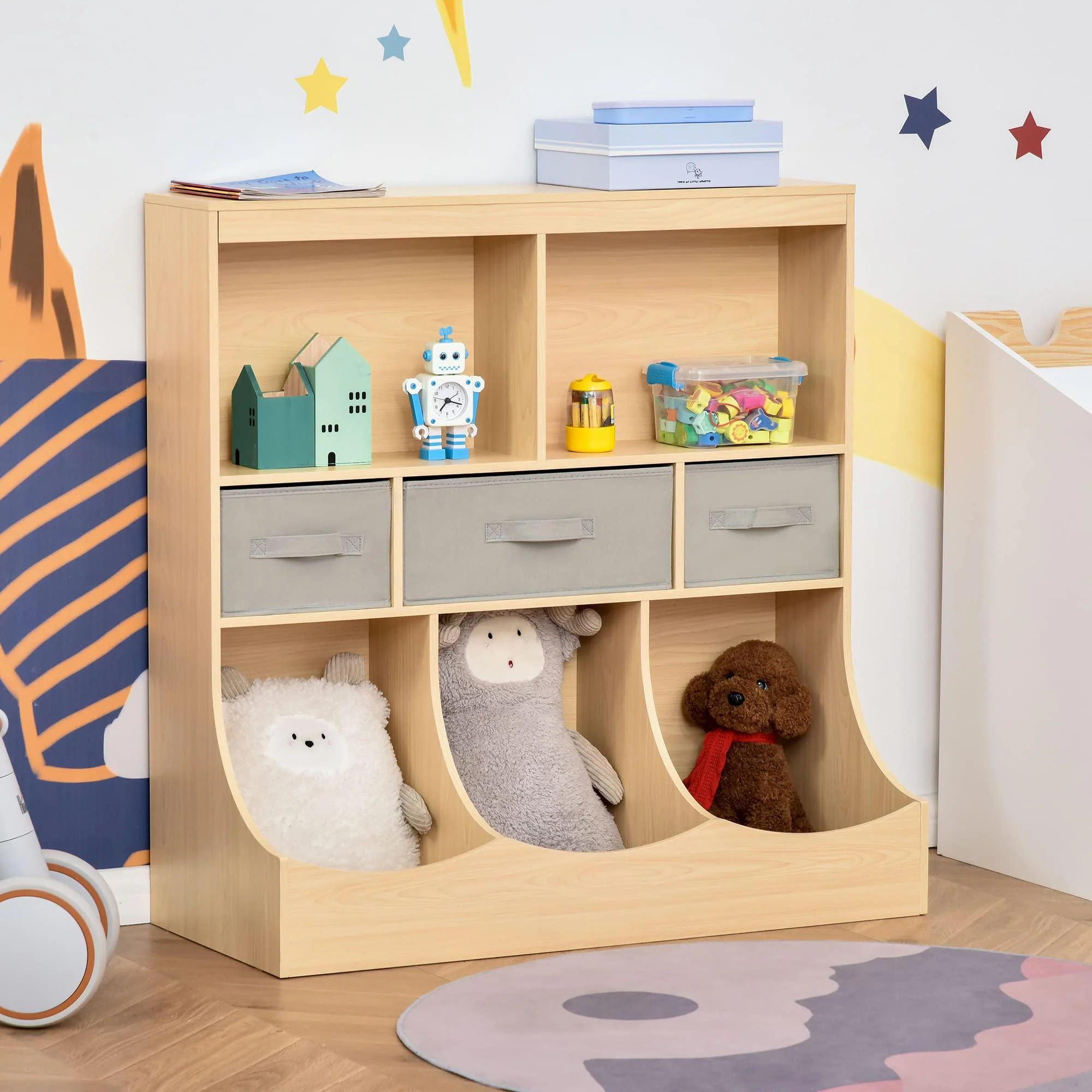 homcom kids bookcase, toy storage organizer cabinet, children display bookshelf with drawers for toys, clothes, books, natura