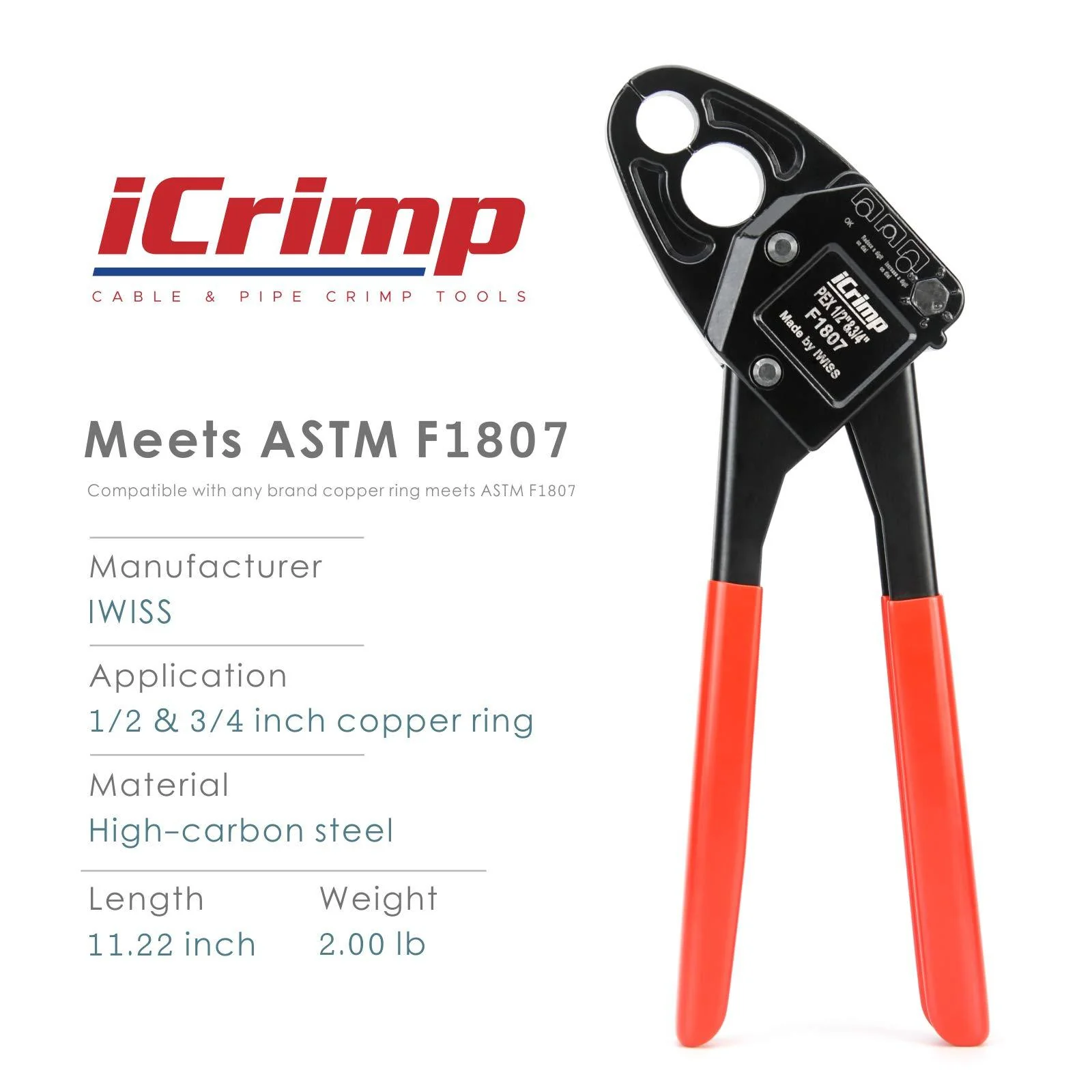 Iwiss icrimp angle head f1807 pex pipe crimping tool for copper rings - iws-1234c(1/2&a;3/4-inch angle combo crimper)