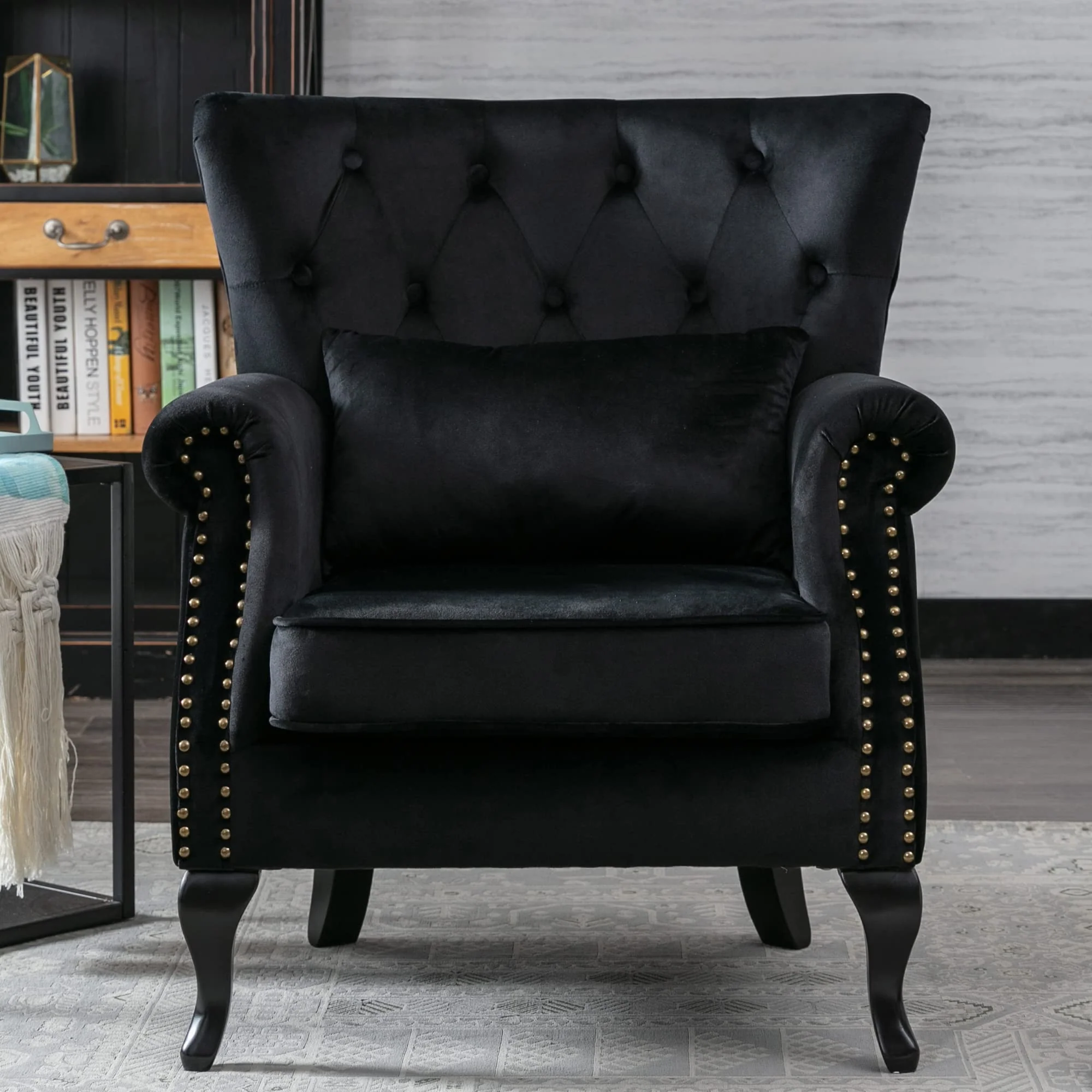 Kmax Velvet Club Chair Tufted Throne Chair Mid Century Accent Wingback Chair Padded Seating Wood Legs Home Club Bedroom Living R
