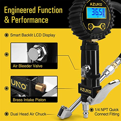 AZUNO Digital Tire Inflator with Pressure Gauge, 200 PSI, Heavy Duty Air Compressor Accessories, w/Rubber Hose Lock on Air Chuck