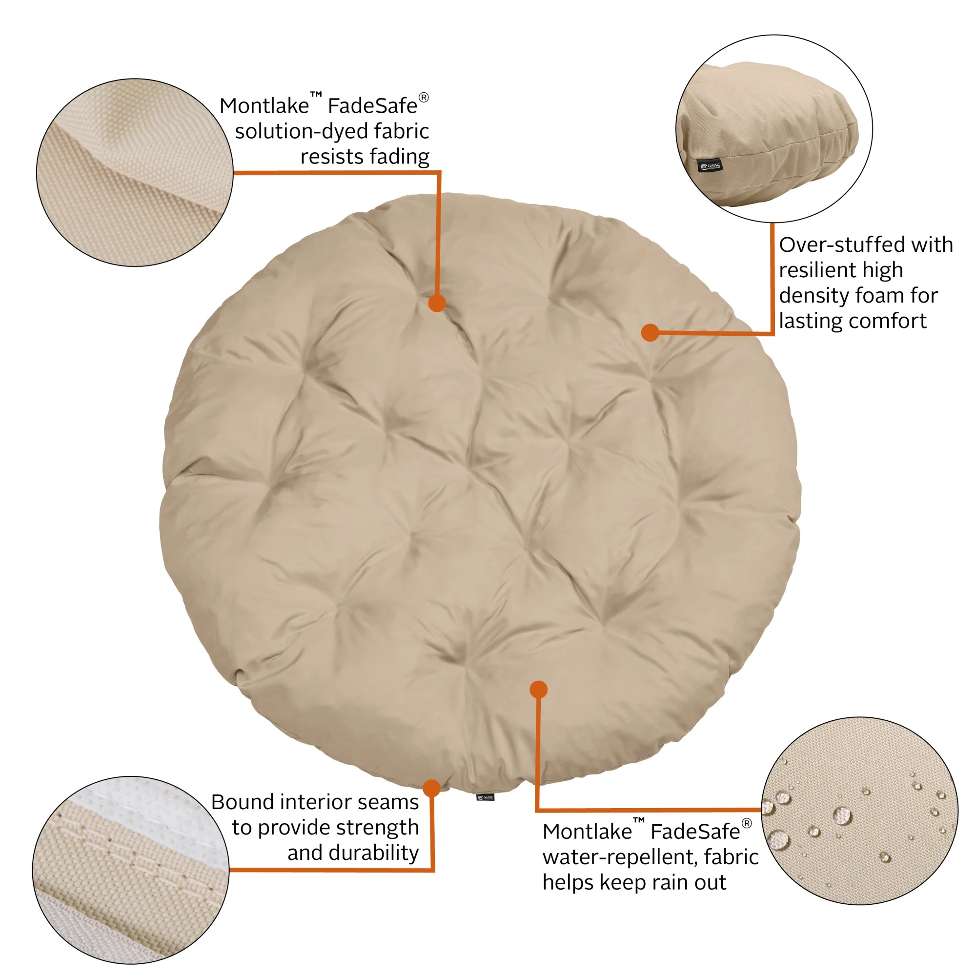 Classic Accessories Montlake Water-Resistant 50 Inch Papasan Cushion, Antique Beige