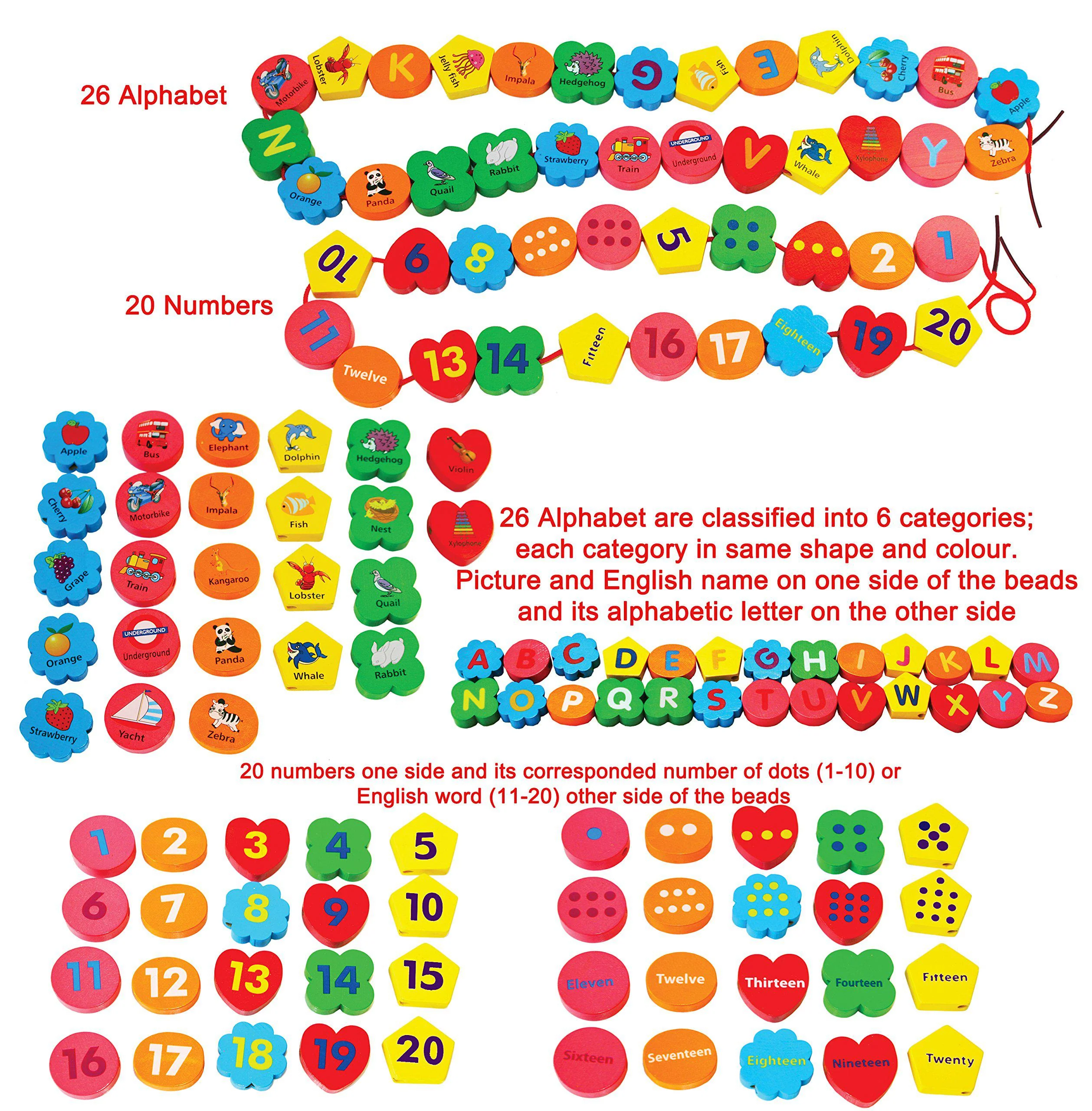 Toys of Wood Oxford  towo wooden alphabet number blocks - letters abc threading beads sorting toy 46 pieces - lacing puzzle- educational color mat