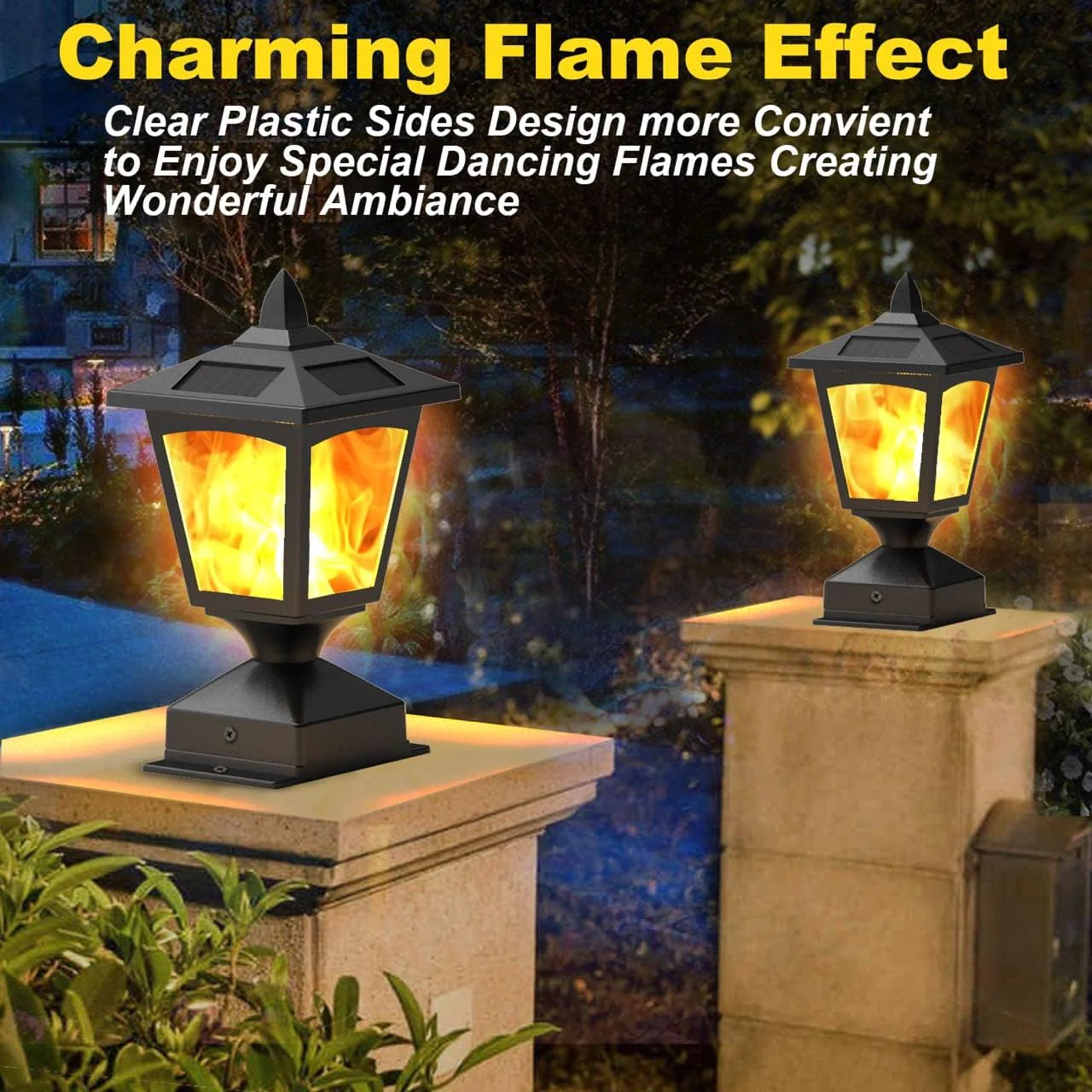 BlueYang Solar Post Flame Light, Outdoor Deck Fence Post Cap Top LED Light wih Flickering Flame, Waterproof, 4x4 5x5 6x6, Outdoor Garden