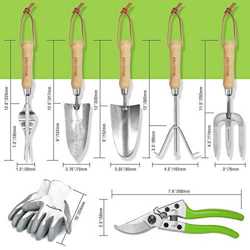 workpro garden tools set, 7 piece, stainless steel heavy duty gardening tools with wooden handle, including garden tote, glov