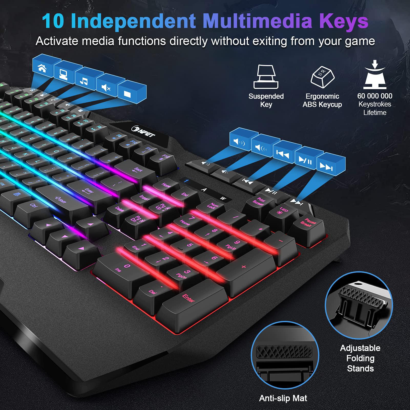 npet k32 wireless gaming keyboard rgb with wrist rest - long-lasting rechargeable battery - quick and quiet typing - water re