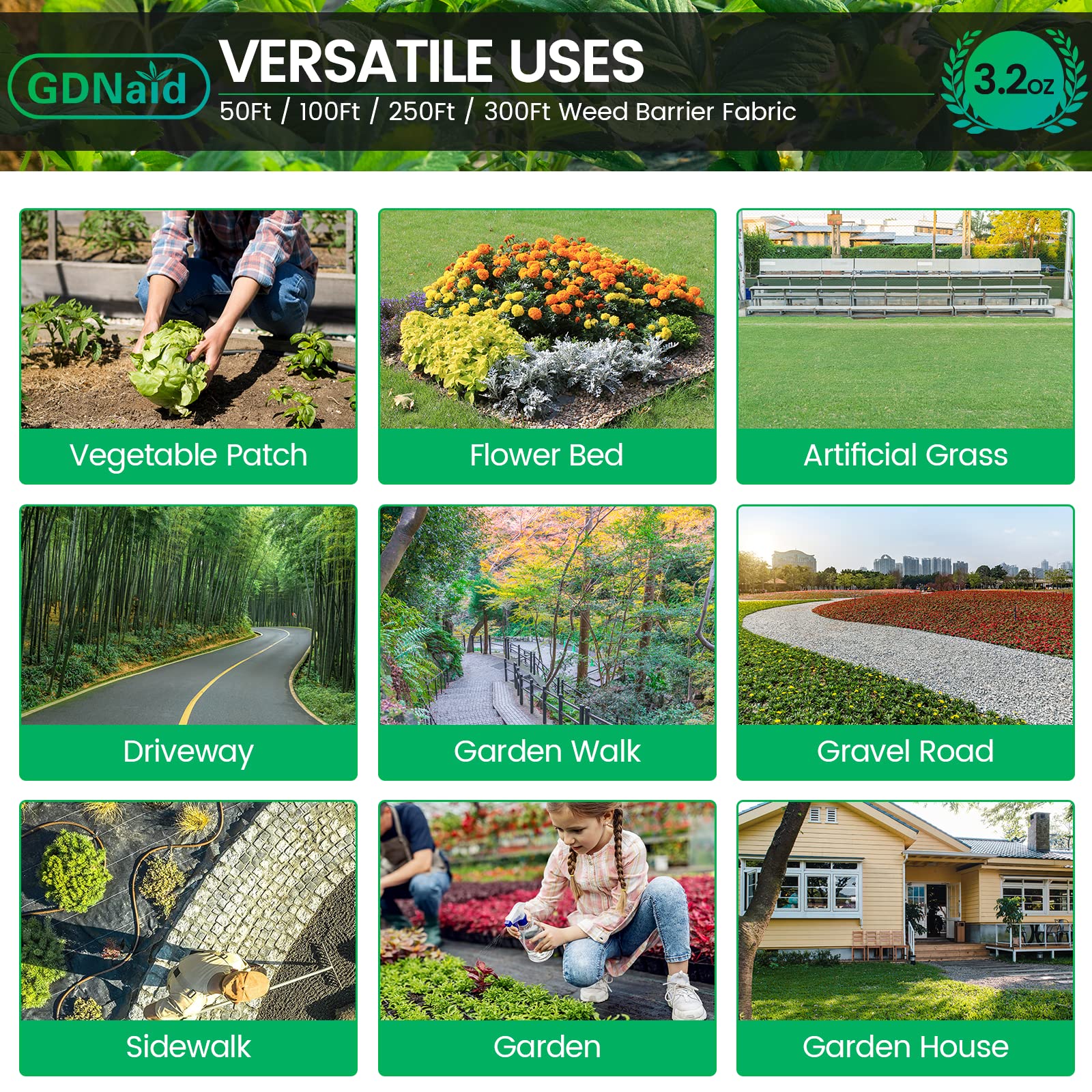 GDNaid 3ftx100ft Weed Barrier Landscape Fabric Heavy Duty, Premium 3.2oz Garden Weed Barrier, Easy Setup &a; Durable Woven Weed Co