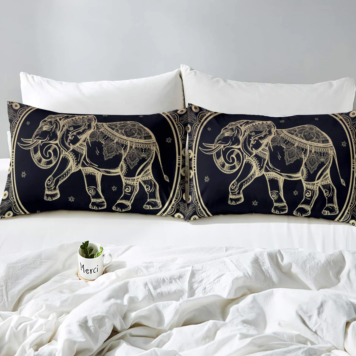 Feelyou King Duvet Cover Set Bohemian Cute Elephant Mandala Bedding Set Black Golden Boho Comforter Cover with 2 Pillow Shams De