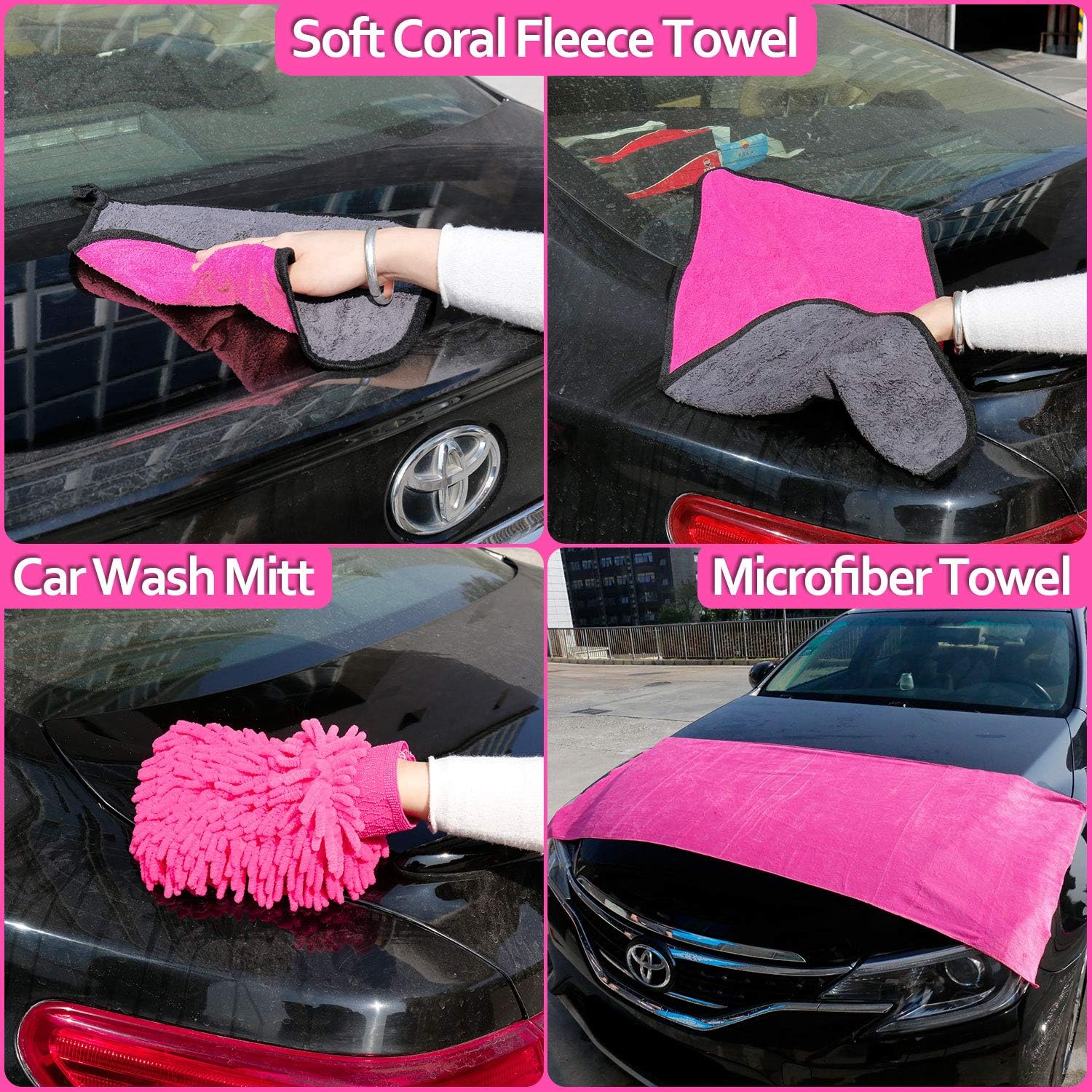 Thinkwork Car Wash Kit, Pink Car Cleaning Kit Interior and Exterior, Car Accessories for Women - Cleaning Gel, Microfiber Cleaning Cloth,