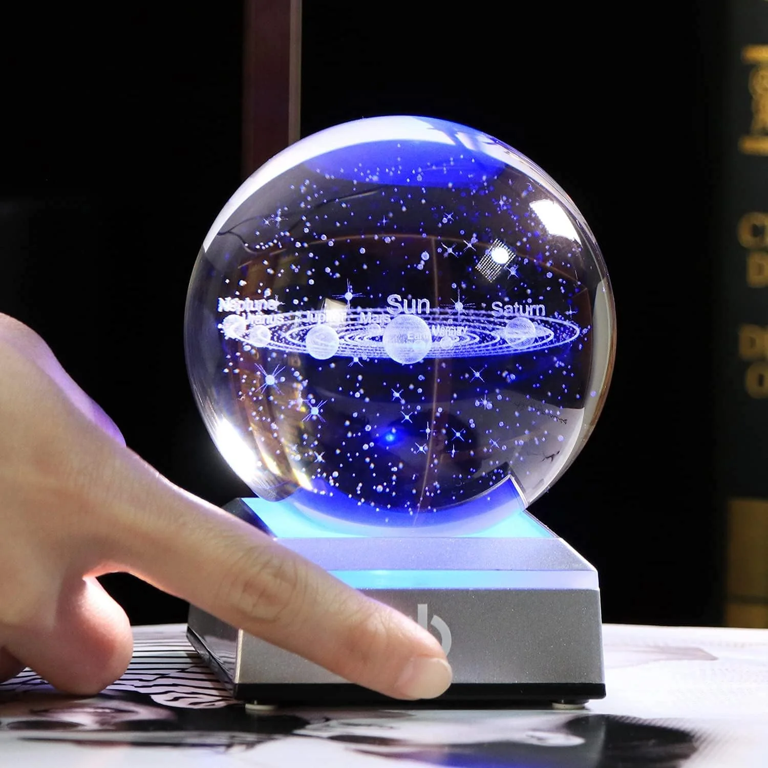 QIANWEI 3D Solar System Crystal Ball with LED Colorful Lighting Touch Base, Solar System Model Decor Science Astronomy Gifts God Bless