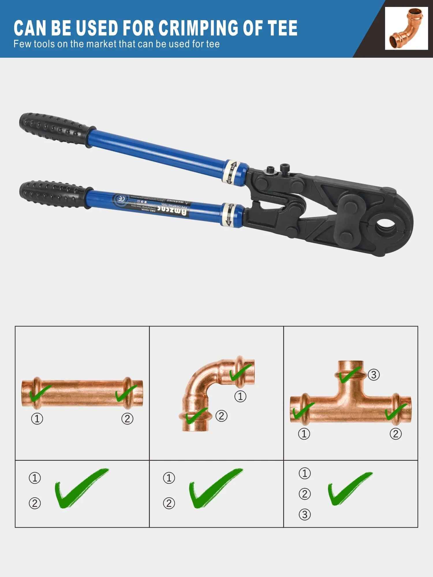 amzcnc copper tube fittings crimping tool copper pipe crimper press with 1/2,3/4 and 1 inch jaw for propress copper fitting-m