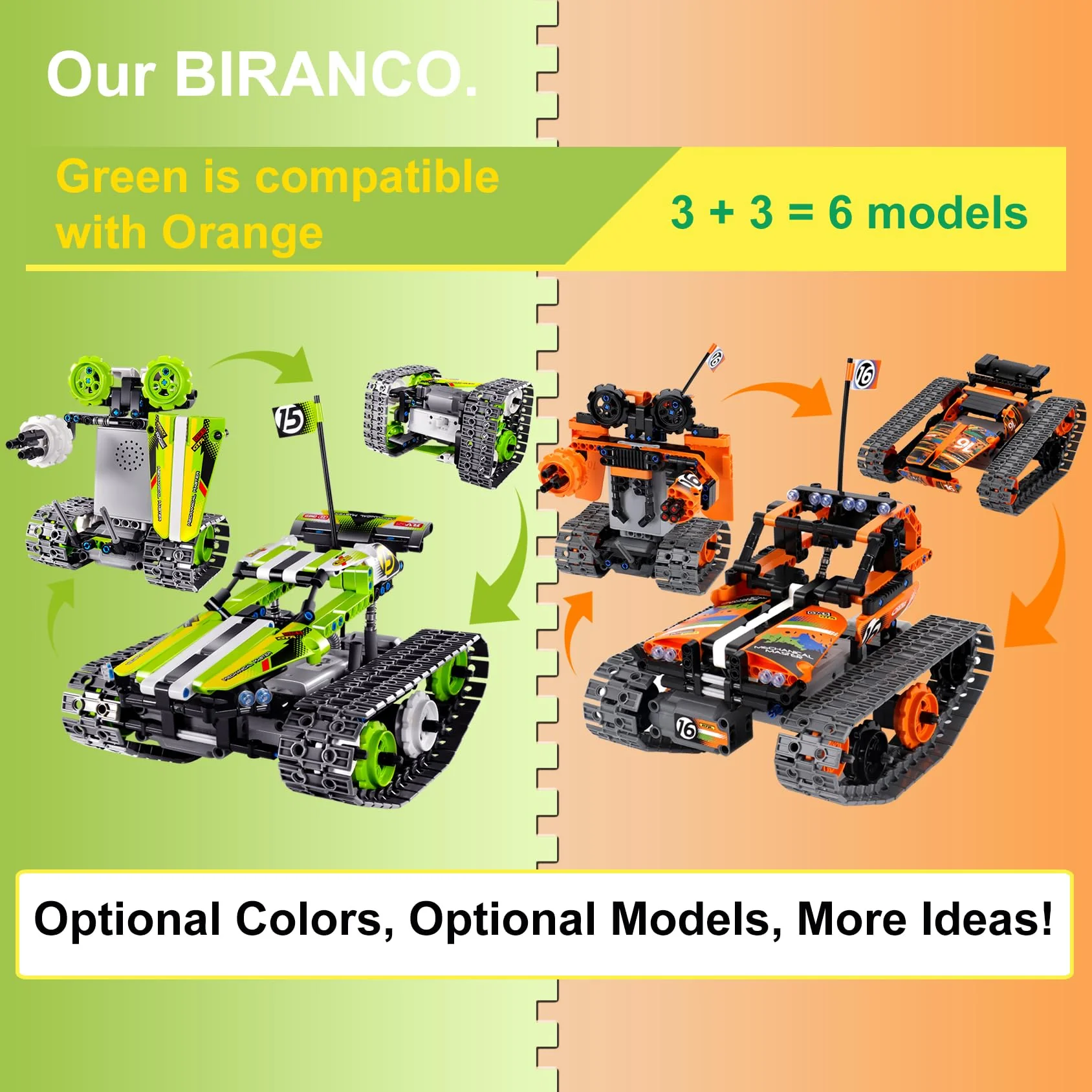 BIRANCO. Remote Control Tracked 3in1 Stunt Racer Building Toy with Power Functions Motor Set for Kids - RC Car Building Kit Gift