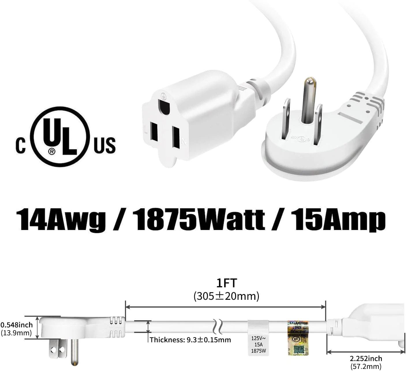 firmerst 1875W Flat Plug 1Ft Extension Cord 15A for Kitchen Home Appliance Office White (3 Pack)