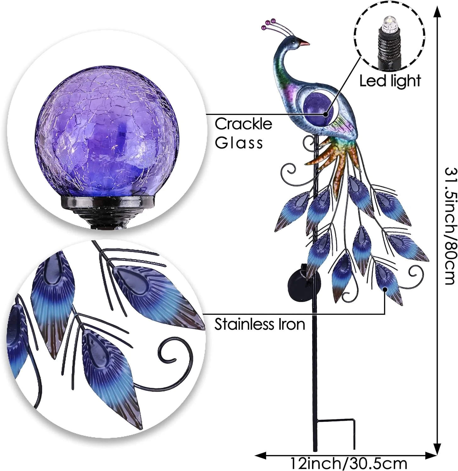 Teresa&s;s Collections 31.5 Inch Peacock Solar Garden Lights, Metal Garden Decor for Outside with Crackle Glass Ball, Solar Outdoor Lights Decorative