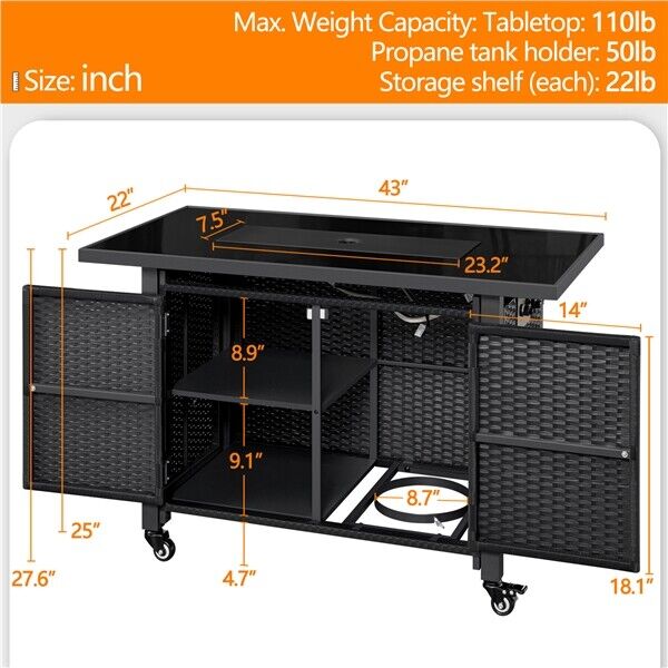 Great Choice Products 43In Fire Pit Propane Fire Pit Table 50,000 Btu With Wheels, Fire Glass Patio