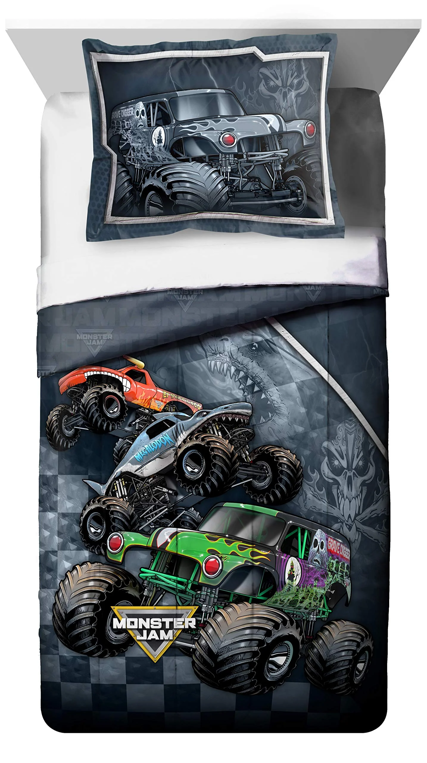 Jay Franco &a; Sons Jay Franco Monster Jam Slash 5 Piece Twin Bed Set - Includes Reversible Comforter&a;Sheet Set-Bedding Features Grave Digger&a;Megalo
