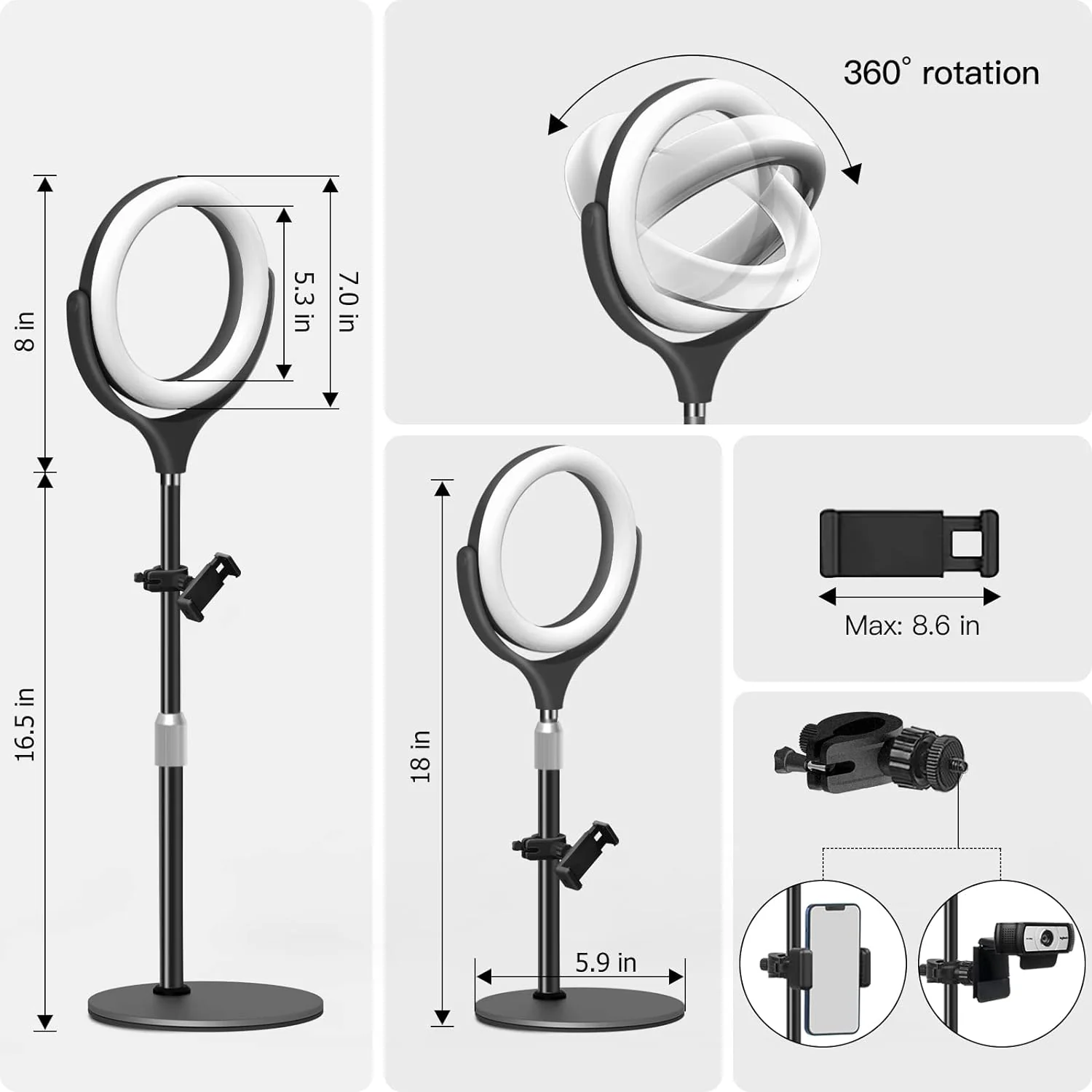 Zell Electronics Zell Selfie Ring Light For Laptop Computer Video Conference Recording, Desk Ring Light With Adjustable Metal Stand&a;Phone Hold…