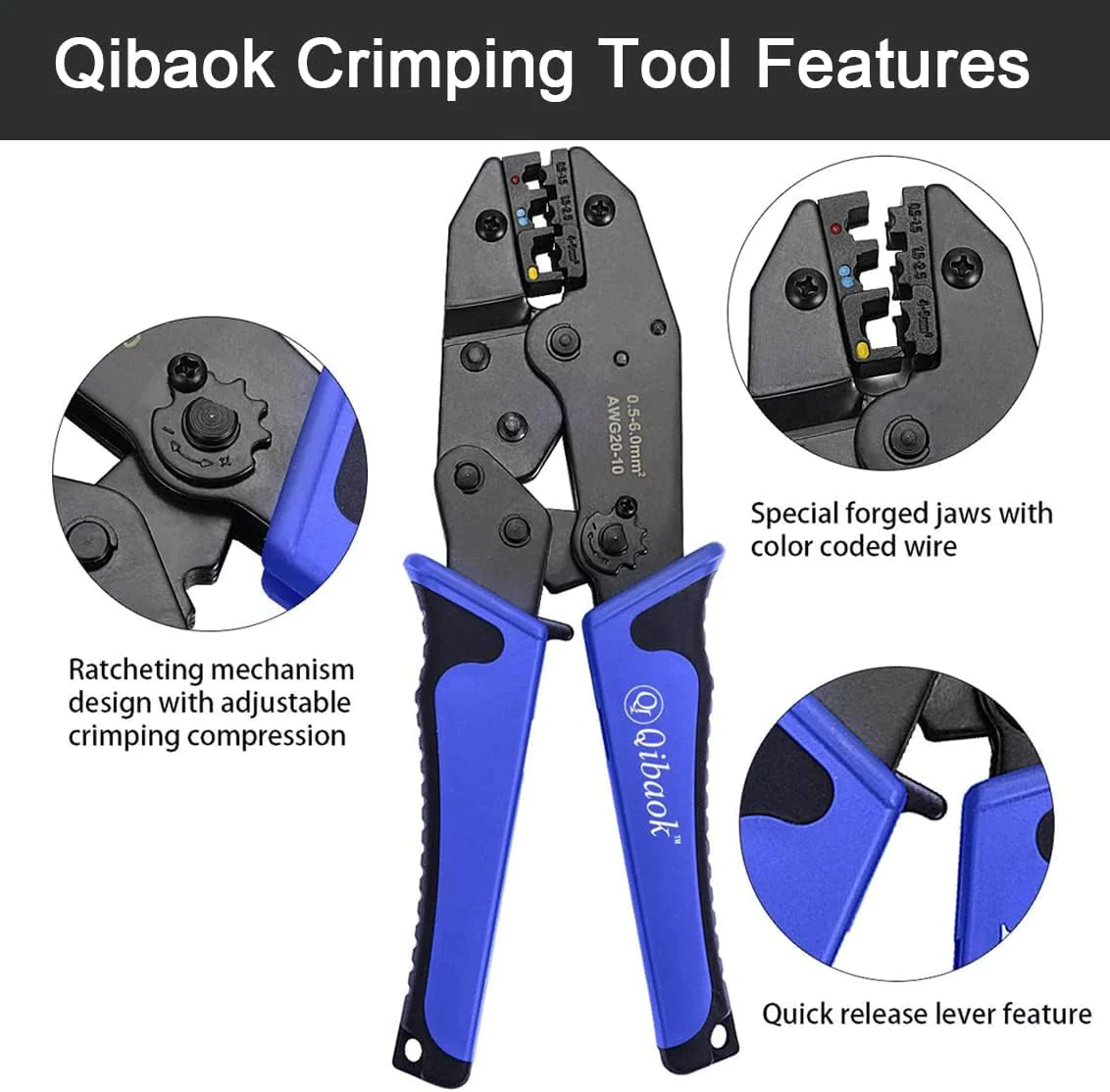 Qibaok Wire Terminals Crimping Tool,  Insulated Ratcheting Terminals Crimper Kit of AWG22-10 with 800PCS Insulated Butt Bullet Spade F