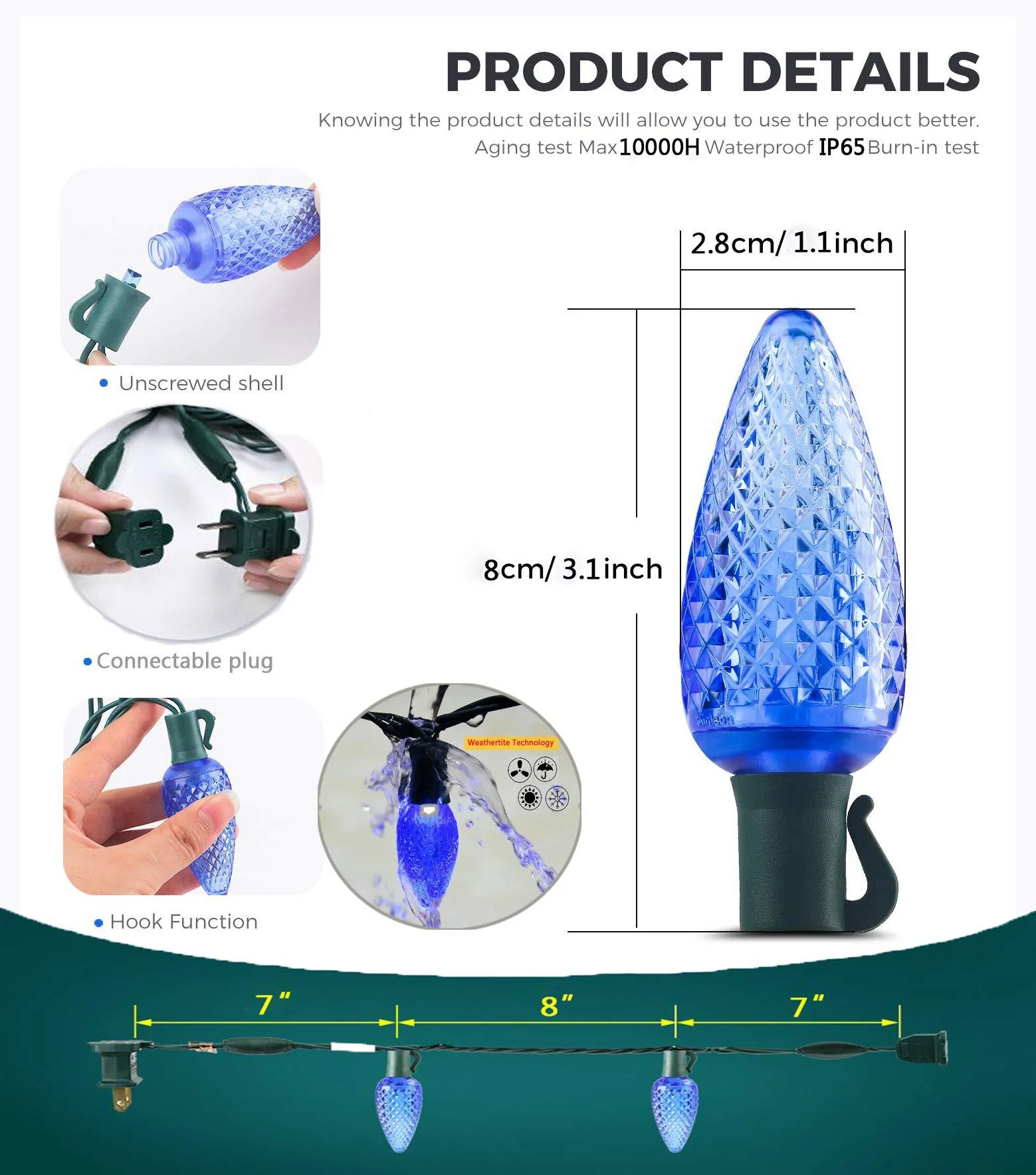 vanrayal c9 christmas lights colored,17ft 25led roofline light string for patio,tree,garden,party wedding holiday,green wire,