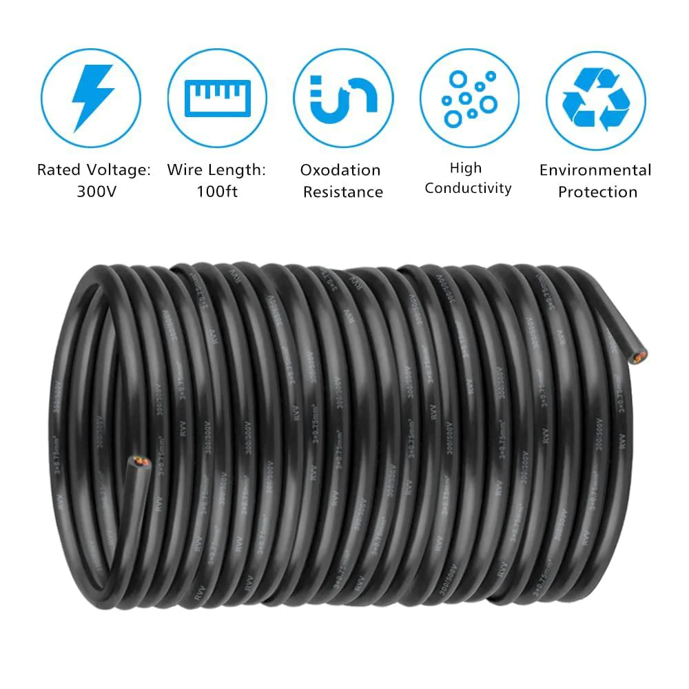 Alling rvv wire cable extension cord copper wire 3 conductor 0.75mm electric cores 100ft length black (100ft 3core blackwire) (100ft