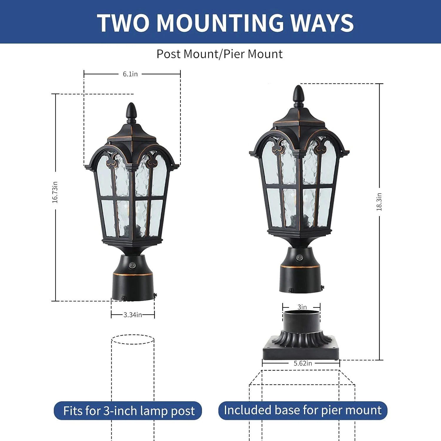 Lonedruid Dusk to Dawn Outdoor Lamp Post Lights Waterproof Exterior Pole Lantern Lighting Fixtures with 3-Inch Pier Mount Base for Garden