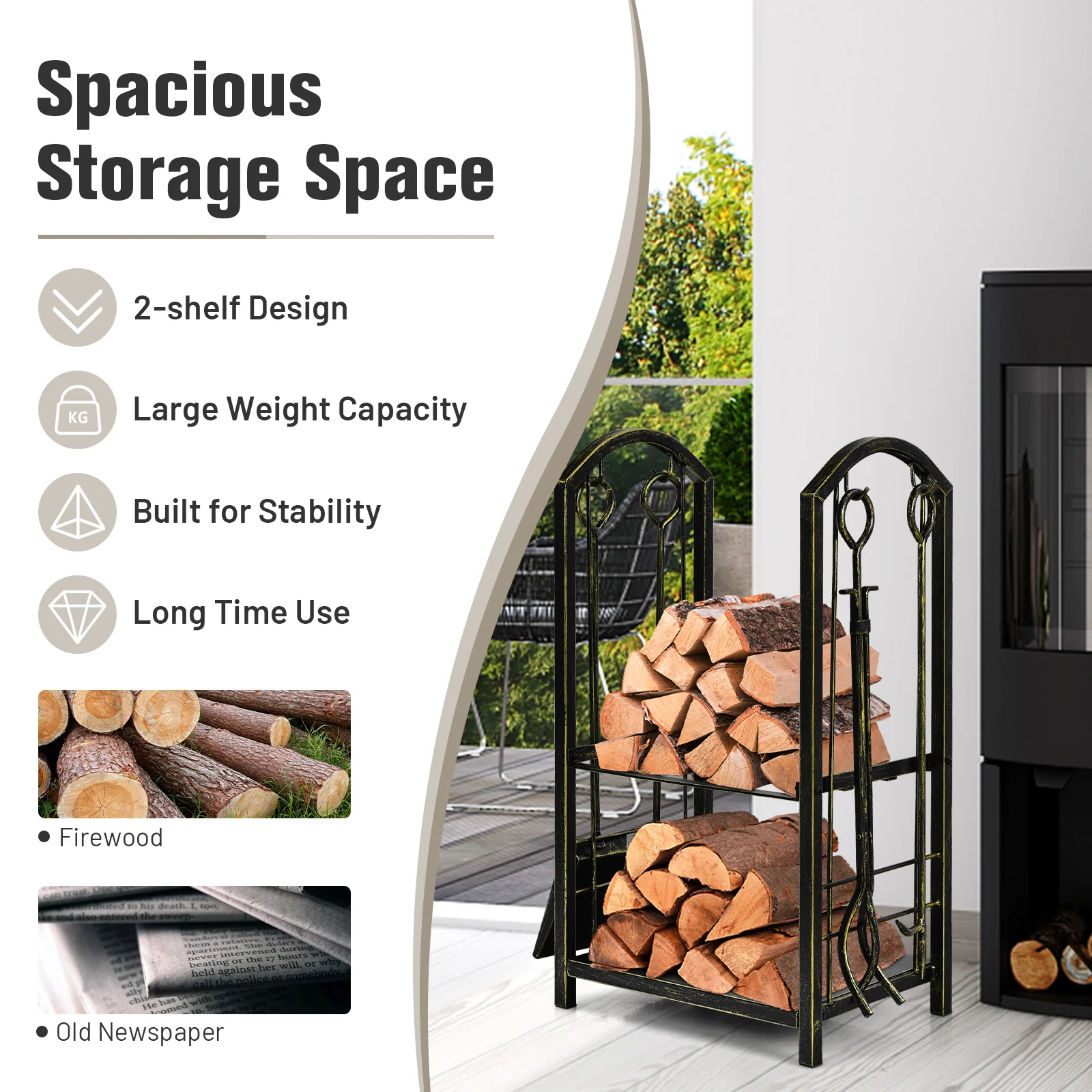 Topbuy Fireplace Log Rack with 4-Piece Fireplace Tools Wrought Iron Storage Logs Holder with Poker Bronze