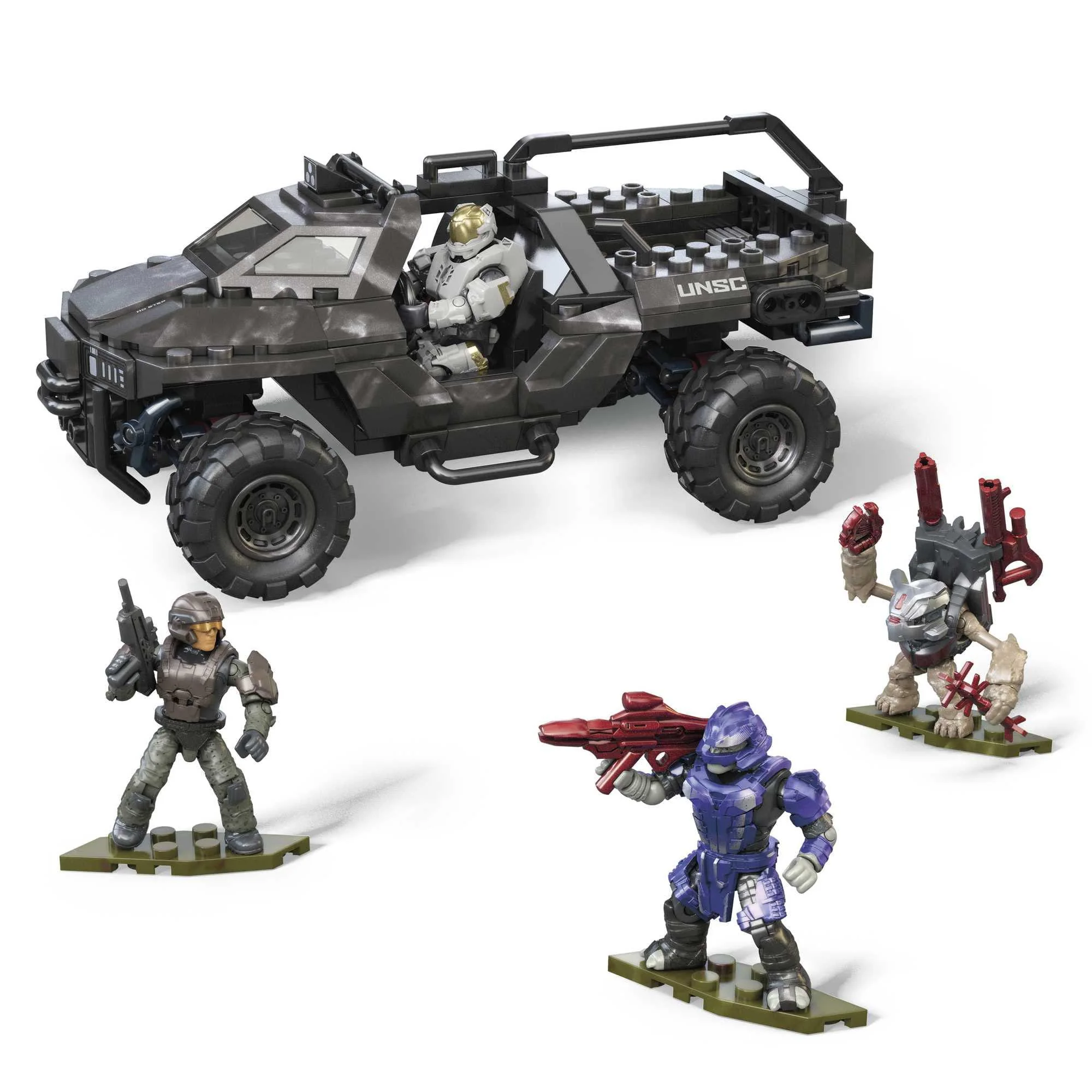 mega halo infinite toy car building toys set, unsc razorback blitz vehicle with 303 pieces, 4 micro action figures and access