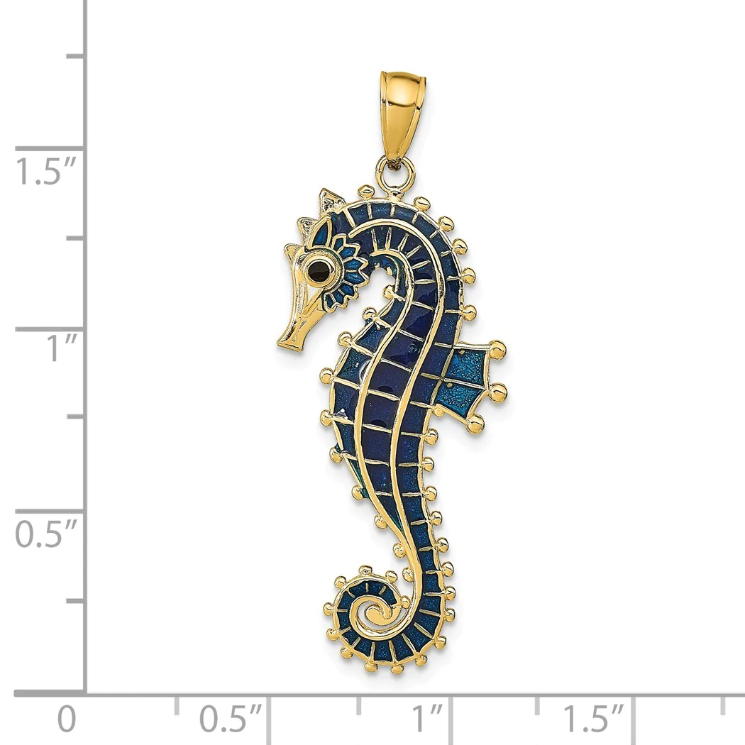 Jewelryweb 14k Gold 3-d Seahorse With Blue Enamel Charm