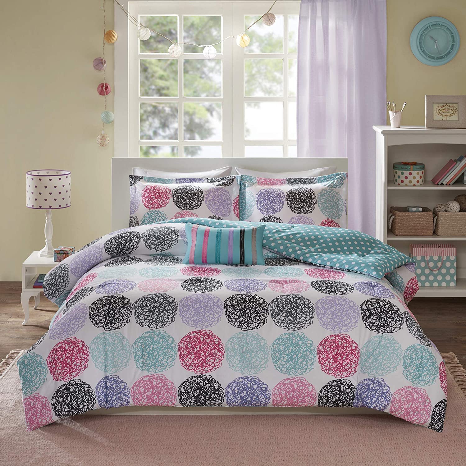 Mi Zone Carly Comforter Set, Doodled Circles Polka Dots Bed Sets - Ultra Soft Microfiber Teen Bedding For Girls Bedroom, Full/Qu