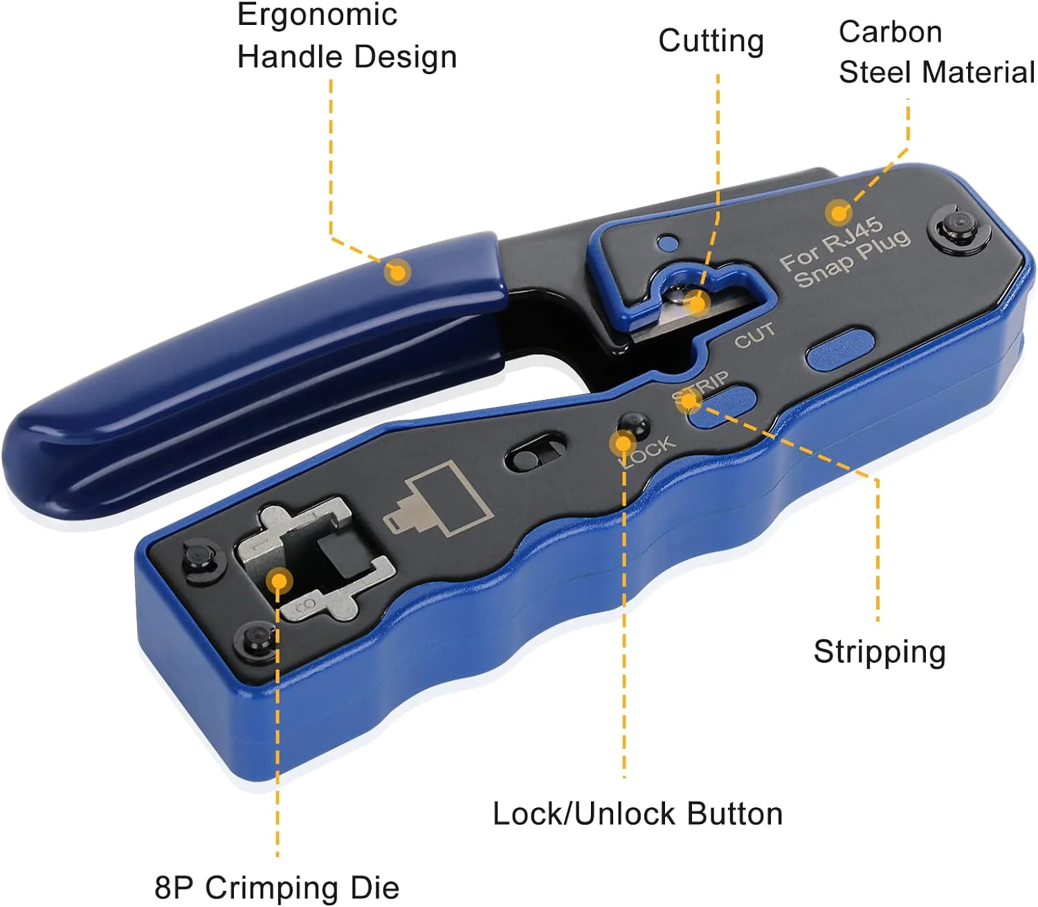 YWNEGWE RJ45 Crimp Tool Kit Pass Thru Ethernet Crimper for Cat5e Cat6 Cat6a 8P8C Modular Connectors, All-in-One Cat6 Crimping Tool and