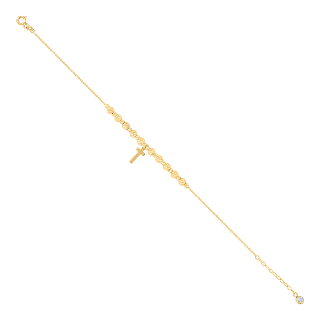 Jewelryweb 10k Yellow Gold Womens Cubic-zirconia Cross Sparkle-Cut Beaded Charm Bracelet 8 Inch