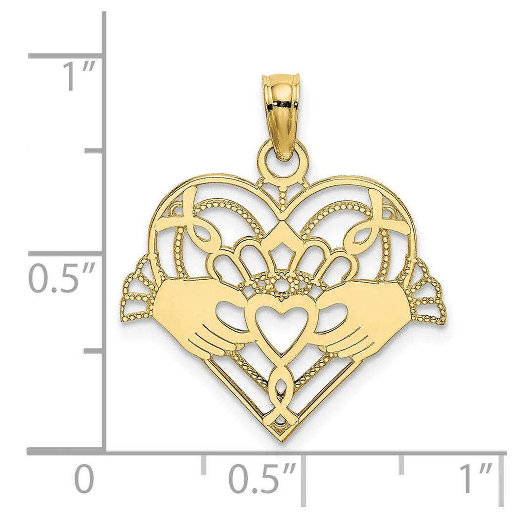 Jewelryweb 10k Polished and Beaded Claddagh In Heart Charm - Measures 20.5mm Long