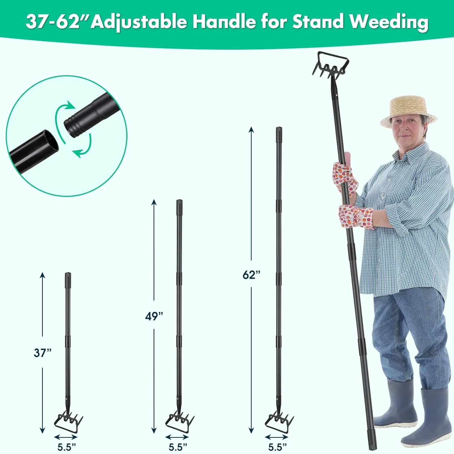 Lilyvane Stirrup Hoe and Cultivator for Weeding, 2 in 1 Heavy Duty Action Hoe with 63 Inch Adjustable Handle Scuffle Garden Hula Hoe wit