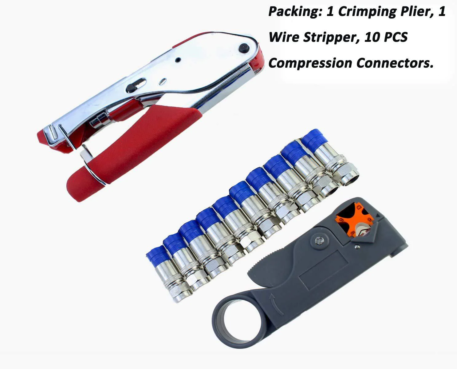 Elibbren coax cable crimper elibbren coaxial compression tool kit with wire stripper tool f rg6 rg59 connectors of 10pcs