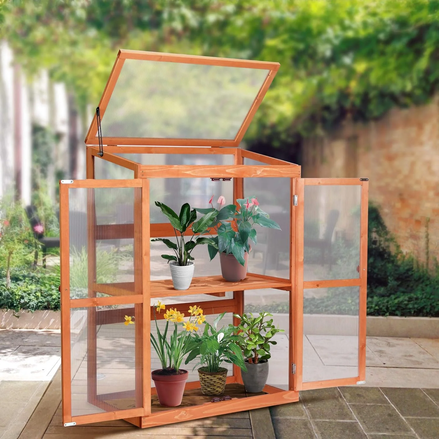 MCombo Greenhouse Wooden Cold Frame Greenhouse, Garden Portable Mini Greenhouse Cabinet, Raised Flower Planter Shelf Protection
