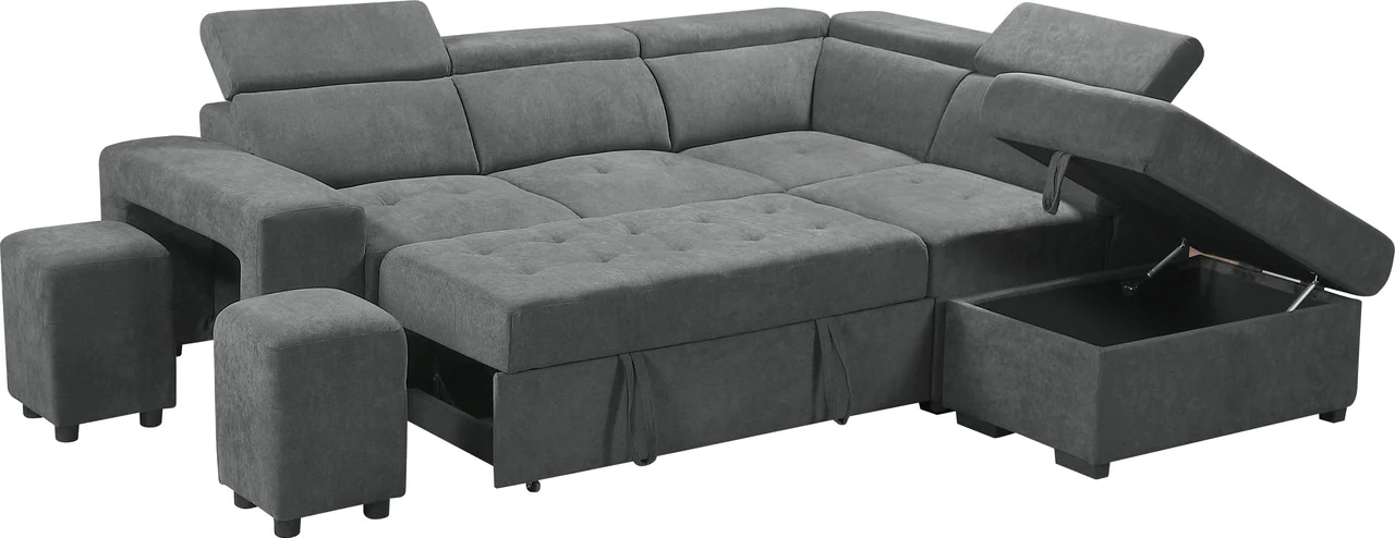 Lilola Home Henrik Light Gray Sleeper Sectional Sofa with Storage Ottoman and 2 Stools