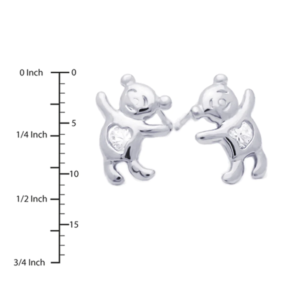 DoubleAccent 14K White Gold Plated Sterling Silver Bear CZ Stud Screw Back Earrings For Children &a; Women