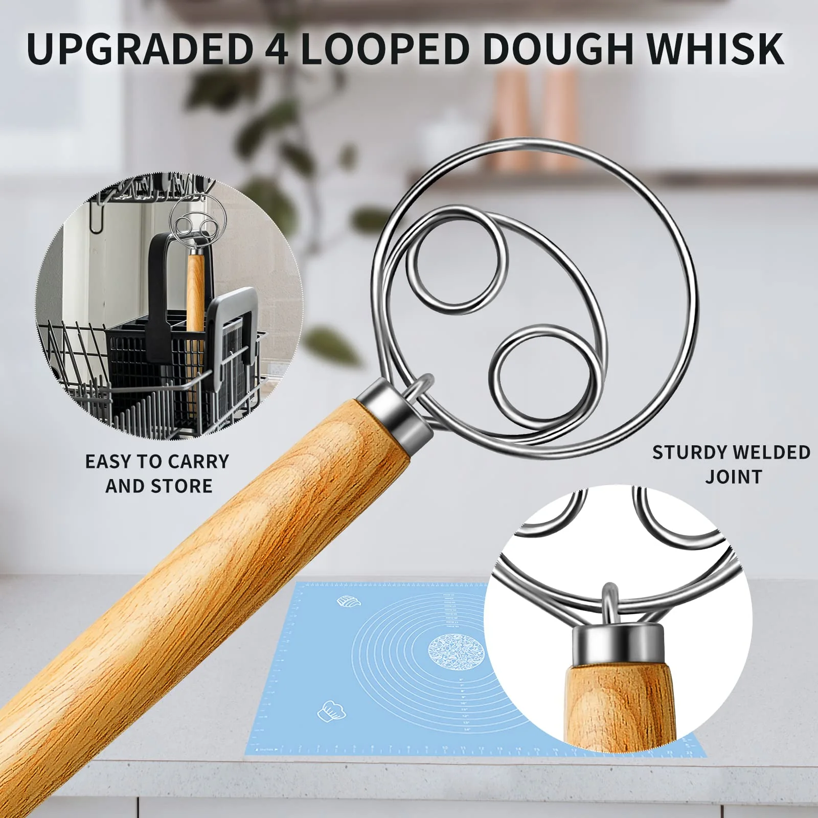 TEEVEA Danish Dough Whisk Stainless Steel Dough Whisk Dutch Style Bread Dough Hand Mixer Wooden Handle Kitchen Baking Tools Brea