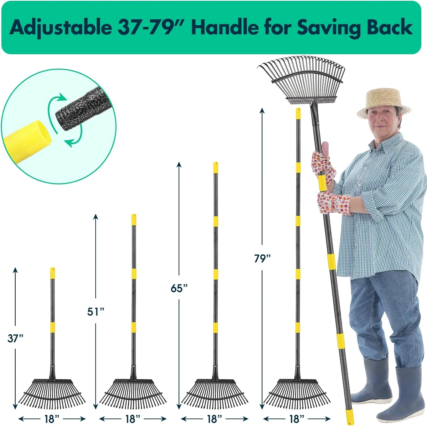 Lilyvane 79 Inch Long Garden Leaf Rake, 18 Inch Wide Heavy Duty Leaf Rake for Shrub with 25 Metal Tines,Yard Rake with Ergonomics Adjust