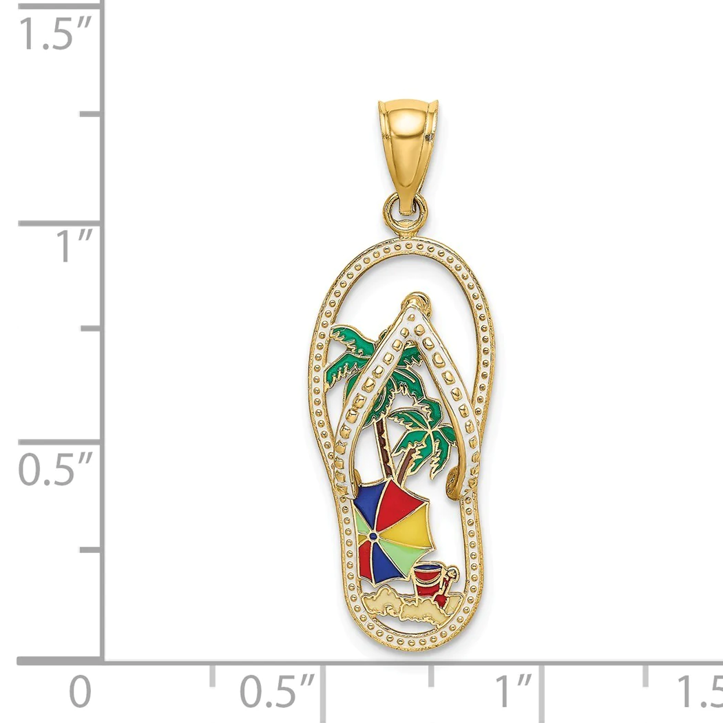 Jewelryweb 14k Gold Palm Tree Beach Scene Flip-flop With Enamel [cut-out] Charm - Measures 32.75x11.5mm Wide 5.3mm Thick
